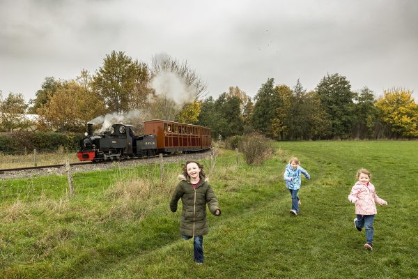 Valley Railway Kids Running alongside railway track and train
